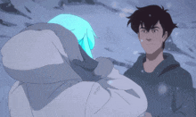 a man and a woman are standing in the snow and the woman has blue hair