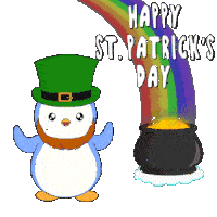 a penguin wearing a leprechaun hat stands next to a pot of gold and a rainbow that says happy st. patrick