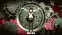 a girl is standing in front of a clock with the words oh no melo melo written on it .