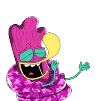 a cartoon character is wearing a purple camouflage jacket and has a yellow nose .