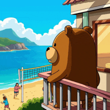 a cartoon drawing of a bear standing on a balcony overlooking the beach