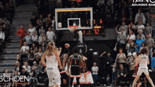 a basketball game is being played in a stadium that says schoen on the bottom