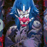 a painting of a person with blue hair and a red mask