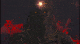 a painting of a statue with a red background and a sun shining through it