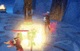 a video game character is fighting another character in a room with a lot of fire coming out of it .