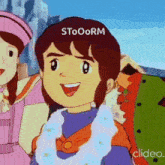 a cartoon character is smiling with the word stooorm on his head .