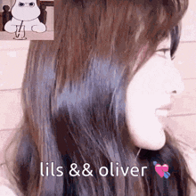 a close up of a woman 's face with the words lils & oliver written on it