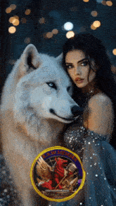 a woman standing next to a white wolf with the words raw member on the bottom right