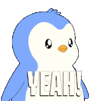 a blue and white penguin says yeah