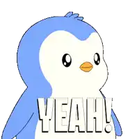 a blue and white penguin says yeah