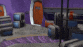a room with purple walls , a purple rug , and a bunch of luggage .