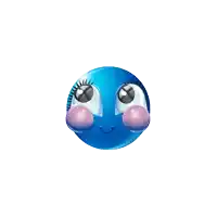 a blue ball with big eyes and a bubble in its mouth
