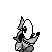 a black and white pixel art drawing of a pokemon holding a fishing rod .