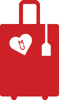 a red suitcase with a white heart and the letter m on it