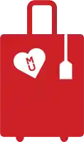 a red suitcase with a white heart and the letter m on it