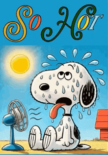 a cartoon of snoopy sitting in front of a fan in the sun .