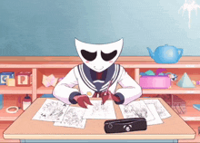 a cartoon character is sitting at a desk with a pencil in her hand