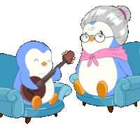 a penguin playing a guitar next to an elderly penguin