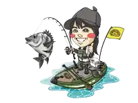 a cartoon of a woman in a boat holding a fishing rod and a yellow flag that says ' bridgestone '