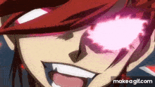a close up of a person 's face with glowing eyes and a smile .