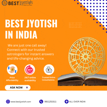 an advertisement for best jyotish in india shows a book and a zodiac sign