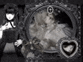a black and white photo of a doll and a heart with a cross on it