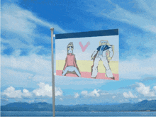 a flag with a picture of a man and a woman on it with the letter v on it