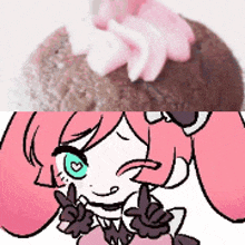 a picture of a cupcake with pink frosting and a picture of a girl with pink hair