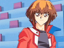 a cartoon character with a red jacket and a black shirt is standing in front of a blue wall