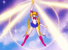 sailor moon is flying through the air with a sword