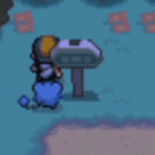 a pixel art drawing of a person standing next to a sign .