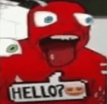 a red cartoon character is holding a sign that says hello ?
