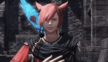 a man with red hair and horns is holding a blue sword in his hand .