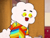 a cartoon character wearing a rainbow shirt is standing in a doorway
