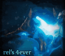 a blue background with the words rei 's 4ever at the bottom