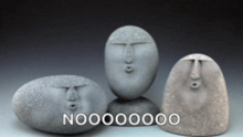 three rocks with faces carved into them are sitting next to each other with the word noo000000 written on the bottom