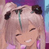 a close up of a girl 's face with a ponytail and flowers in her hair .