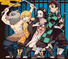 a group of anime characters are standing next to each other holding swords and knives .