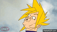 a cartoon of a man with a yellow hair pointing his finger up