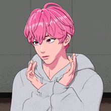 a drawing of a boy with pink hair and a grey hoodie