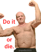 a shirtless man flexes his muscles with the words do it or die