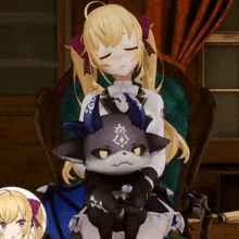 a girl sitting in a chair holding a stuffed animal with horns