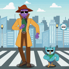 a cartoon of a man and a bird crossing a street with a bus sign in the background