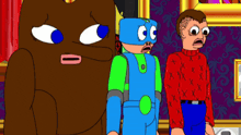 a group of cartoon characters are standing next to each other and one of them is wearing a mask with the letter cc on it