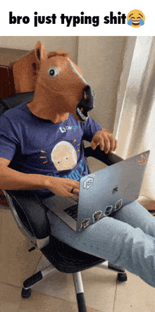 a man with a horse head mask is typing on a laptop