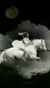 a woman in a white dress is riding a white horse in the night sky