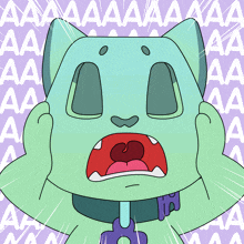 a cartoon cat is screaming with a purple background that says aaa