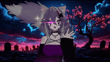 a pixel art of a girl with purple hair and a cross in her hair
