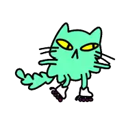 a cartoon cat is wearing roller skates and giving the middle finger .