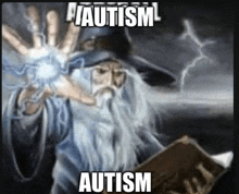 a picture of a wizard holding a book that says autism on it